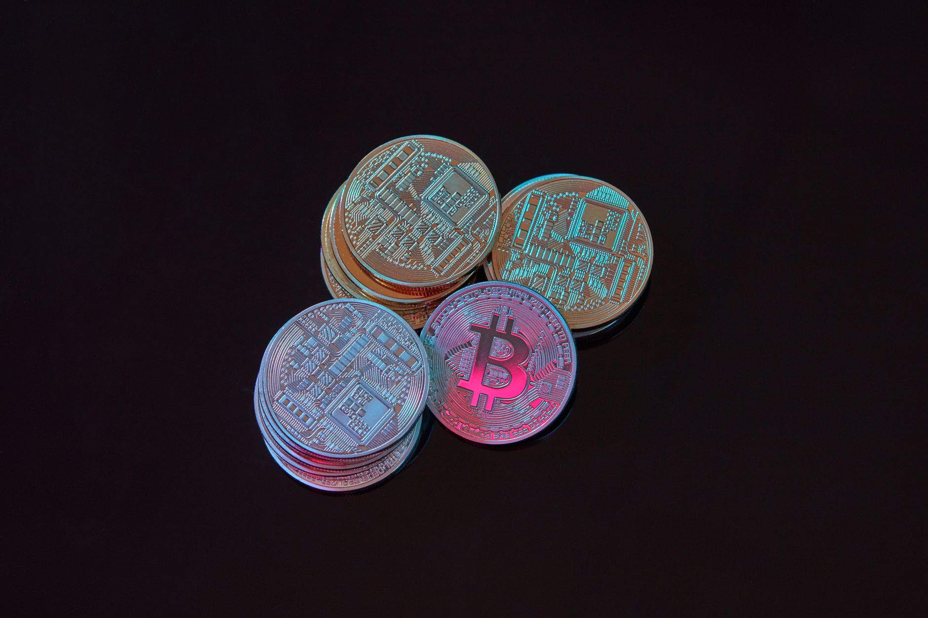Digital coins arranged to illustrate staking and reward distribution in a cryptocurrency network