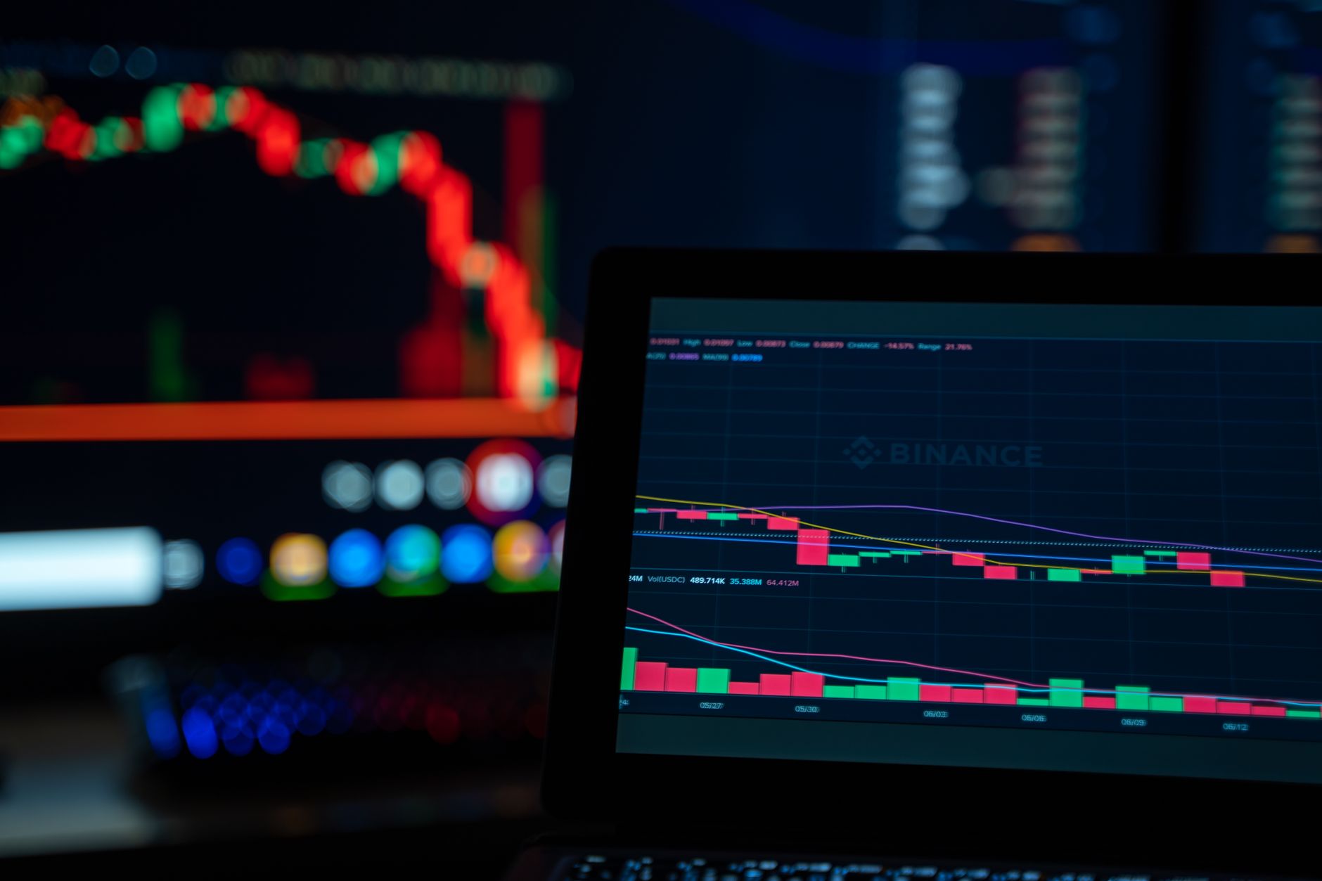 Multiple cryp tocurrency trading charts displayed on computer monitors