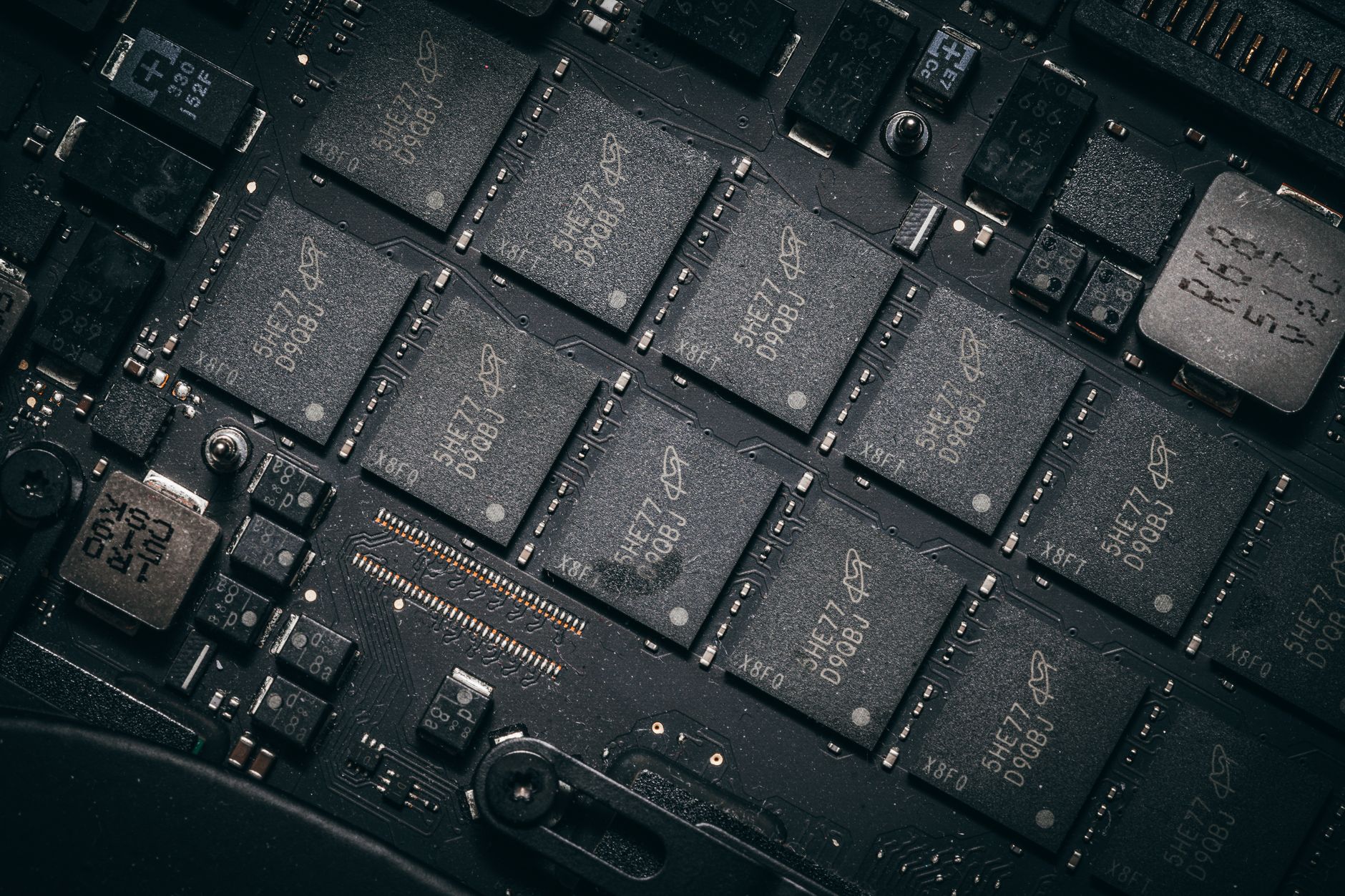 Close-up of a semiconductor microchip on a circuit board