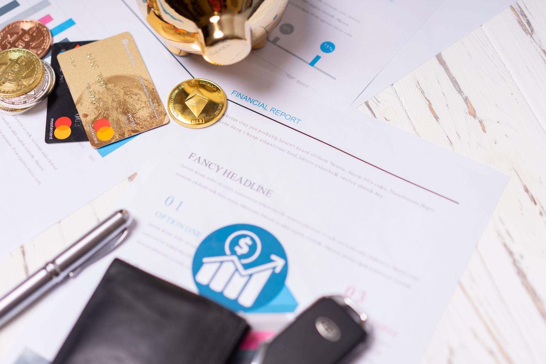 Regulatory documents and cryptocurrency symbols on a desk